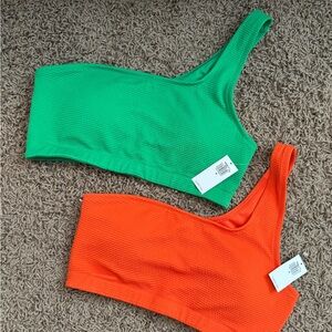 Green and Orange One-Shoulder Crop Tops